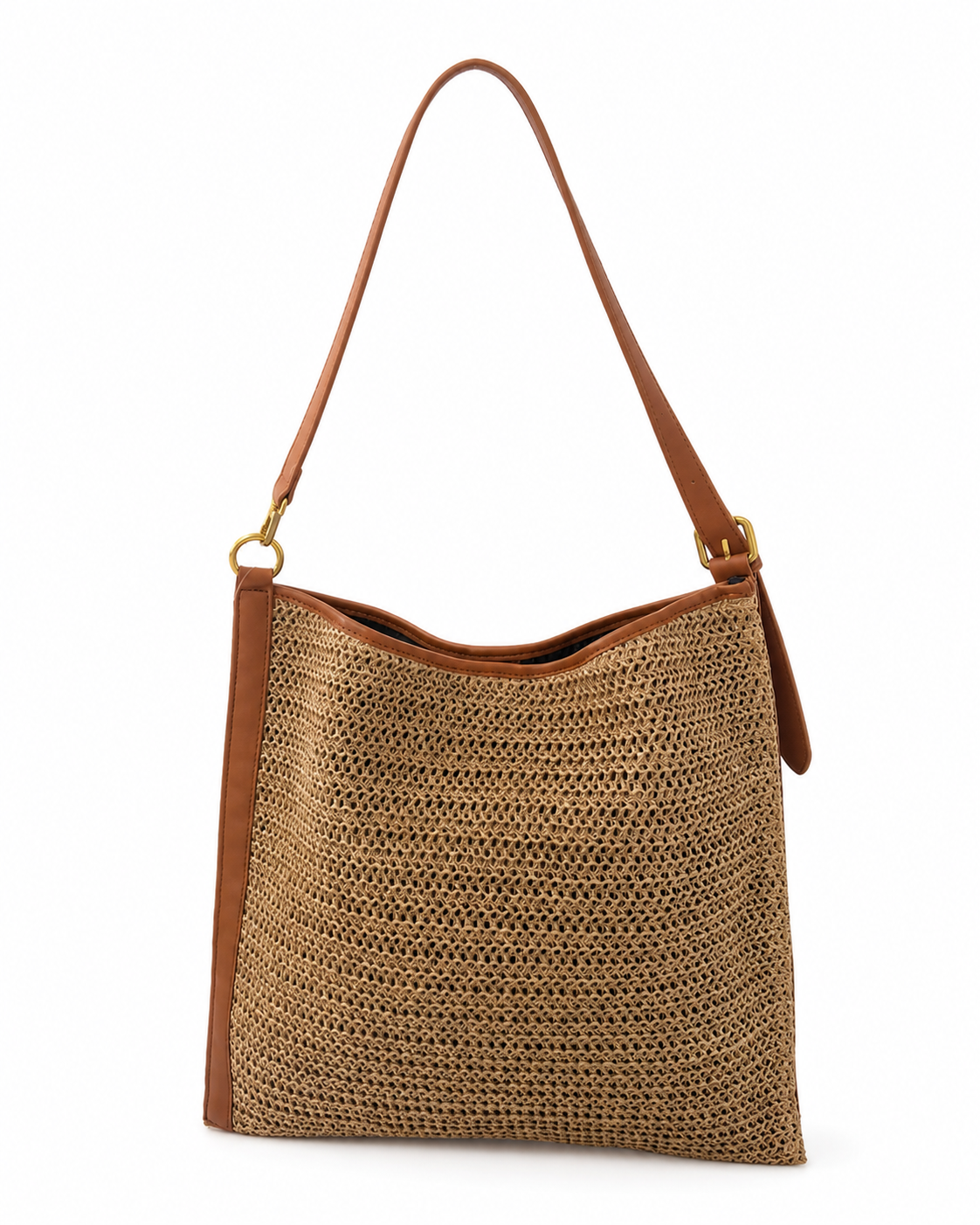 Woven Straw Tote with Brown Leather Straps