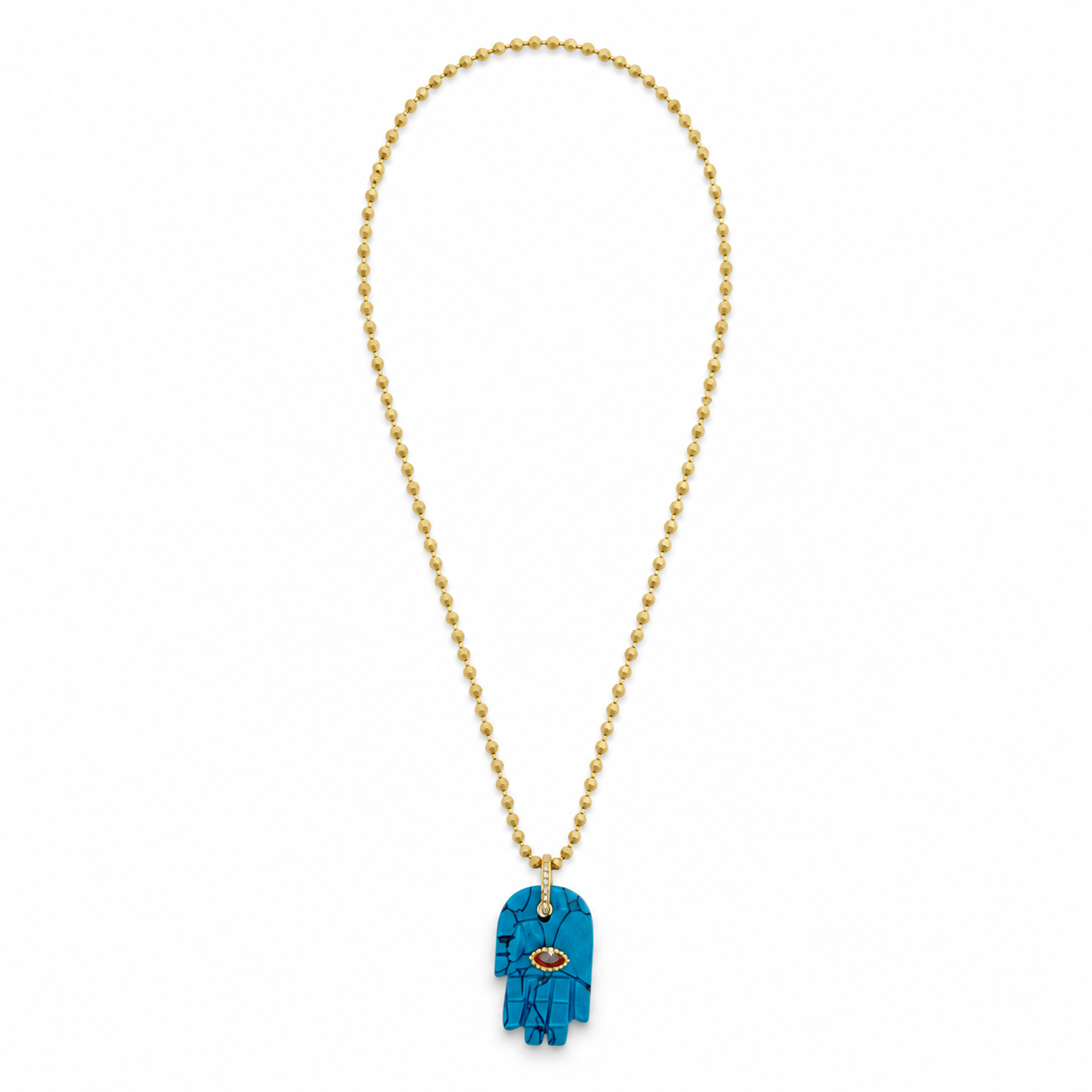 Gold Beaded Necklace with Blue Hamsa Pendant