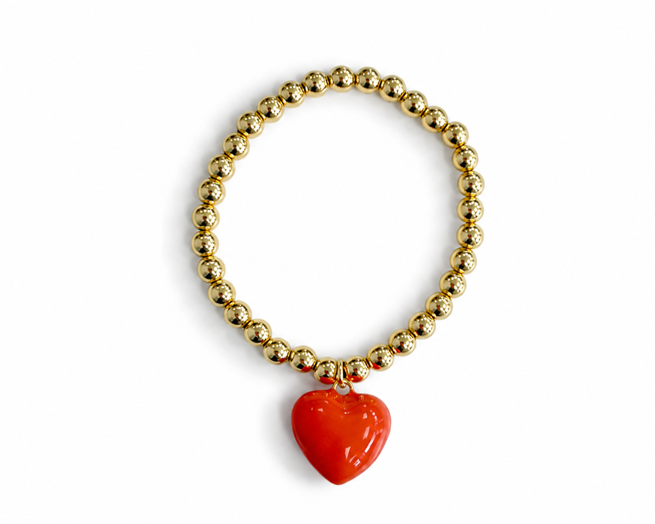 Gold Bead Bracelet with Orange Heart Charm