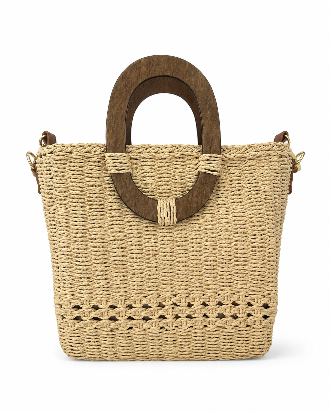 Woven Straw Bag with Wooden Handles