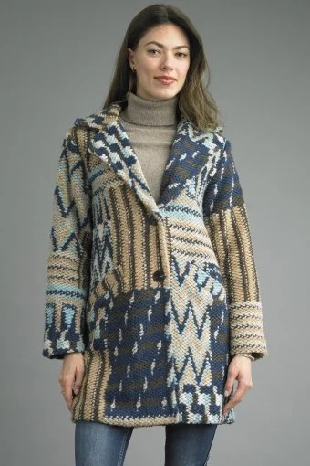 Geometric Patterned Wool Blend Coat