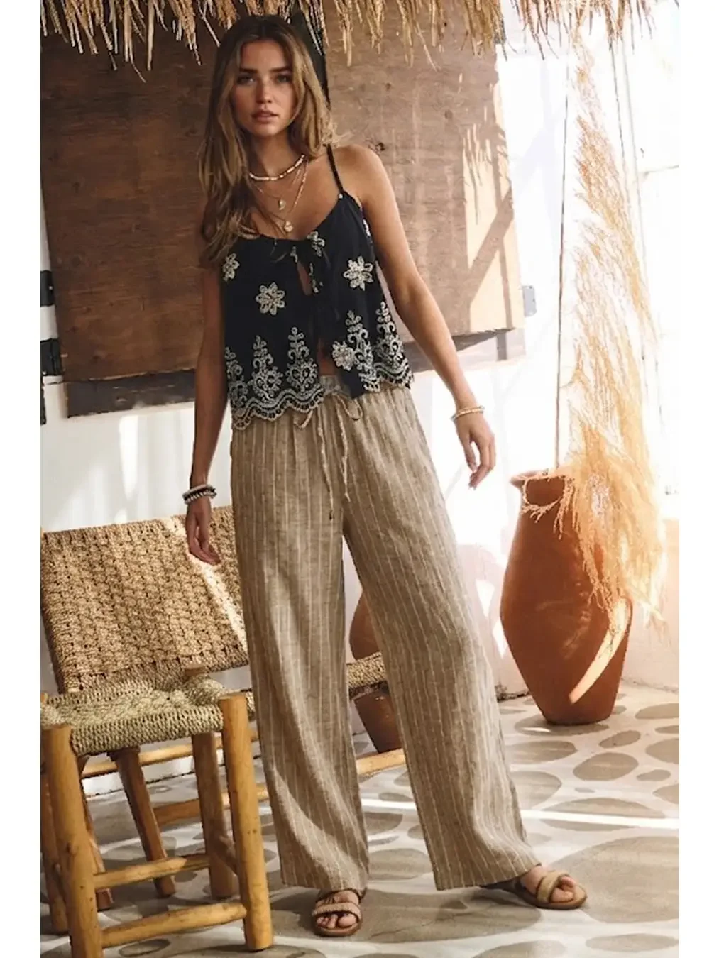 Relaxed Striped Pants - Taupe