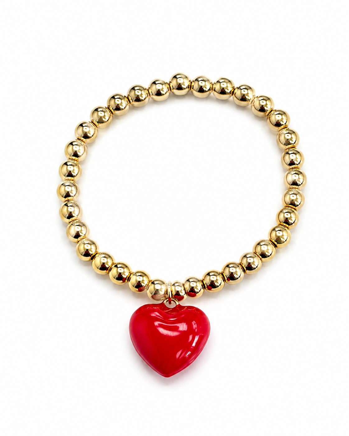 Gold Bead Bracelet with Red Heart Charm