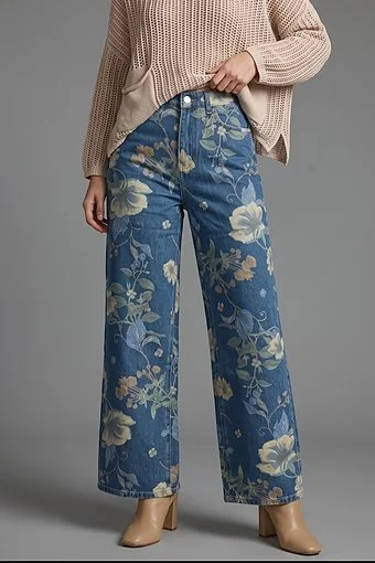 Floral Wide-Leg Denim Jeans