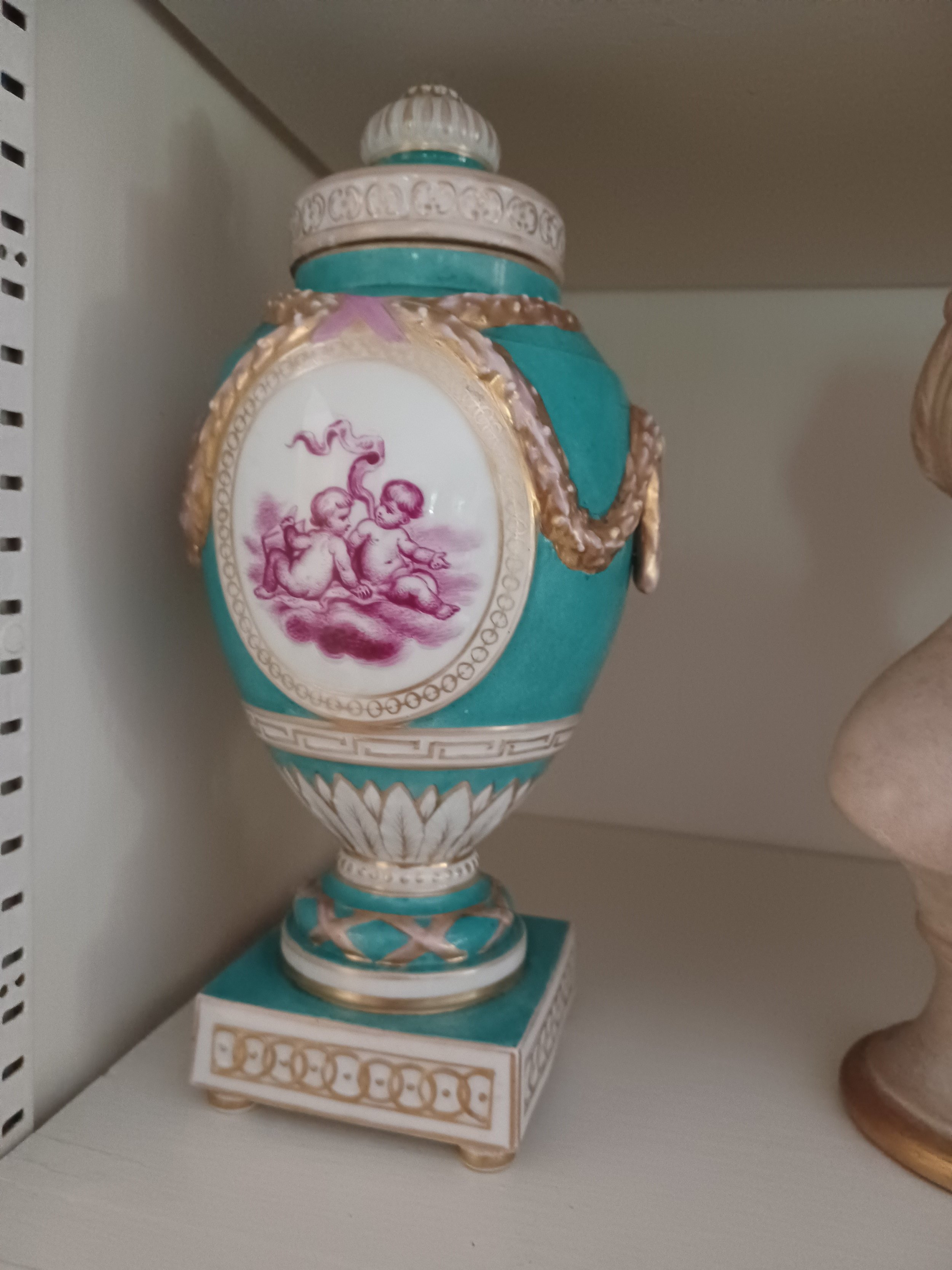 Rare Porcelain Lidded Urn Vase by KPM Circa 1955. Gold Trim and Superb Scene of Two Putti.jpg