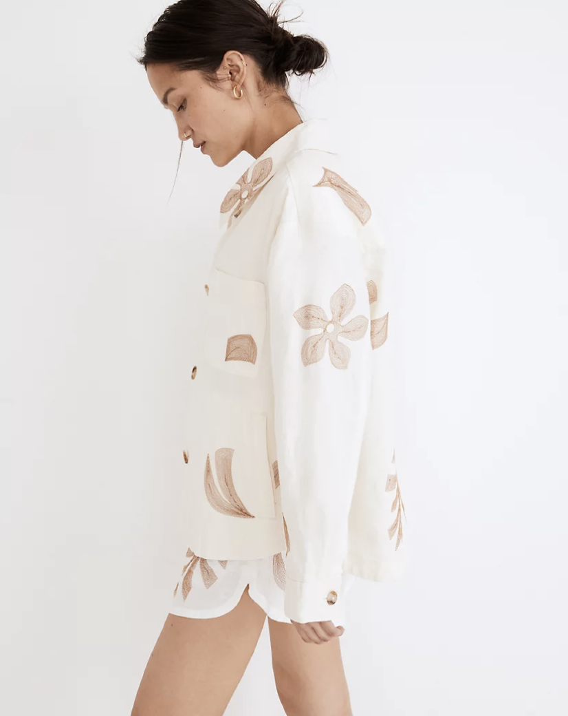 Embroidered Linen Crop Shirt-Jacket in Tropicale Floral