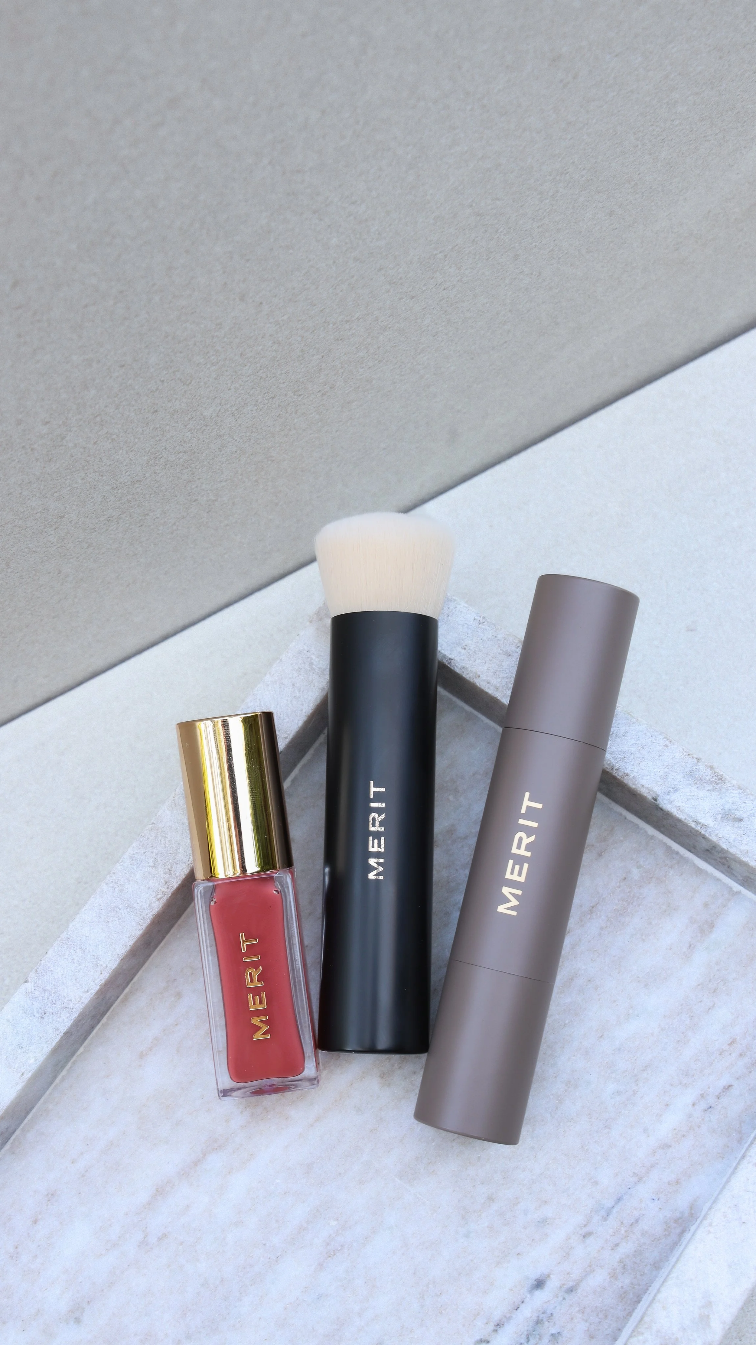 Merit Beauty Lip Stain, concealer and blending brush by Nicole Schmiedl