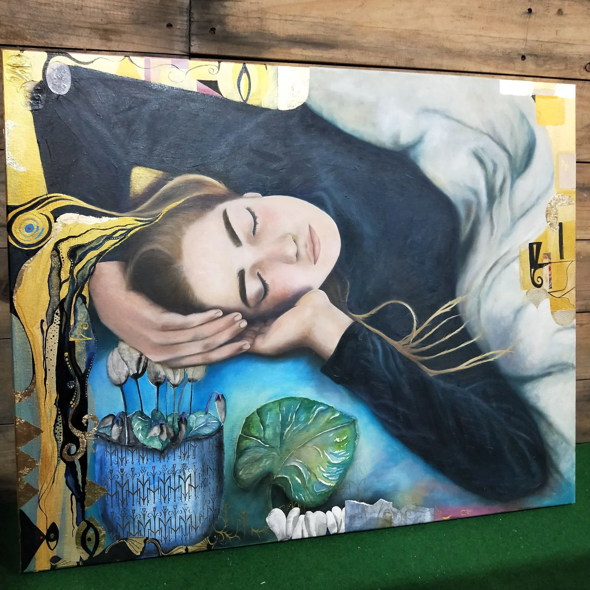 Sleep Pale Sister.
Oil paint, collage, gold acrylic paint, paint pen, dried flowers. Unframed. SOLD.
AVAILABLE AS AN ARCHIVAL PRINT.