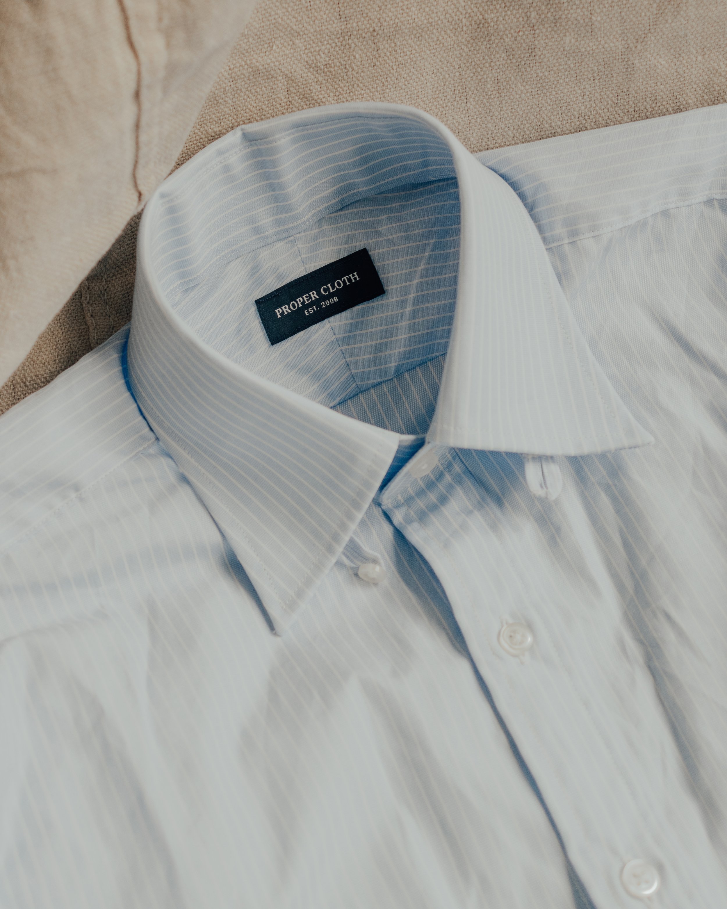   Proper Cloth    Blue Stripe Tab Collar Shirt    $175  