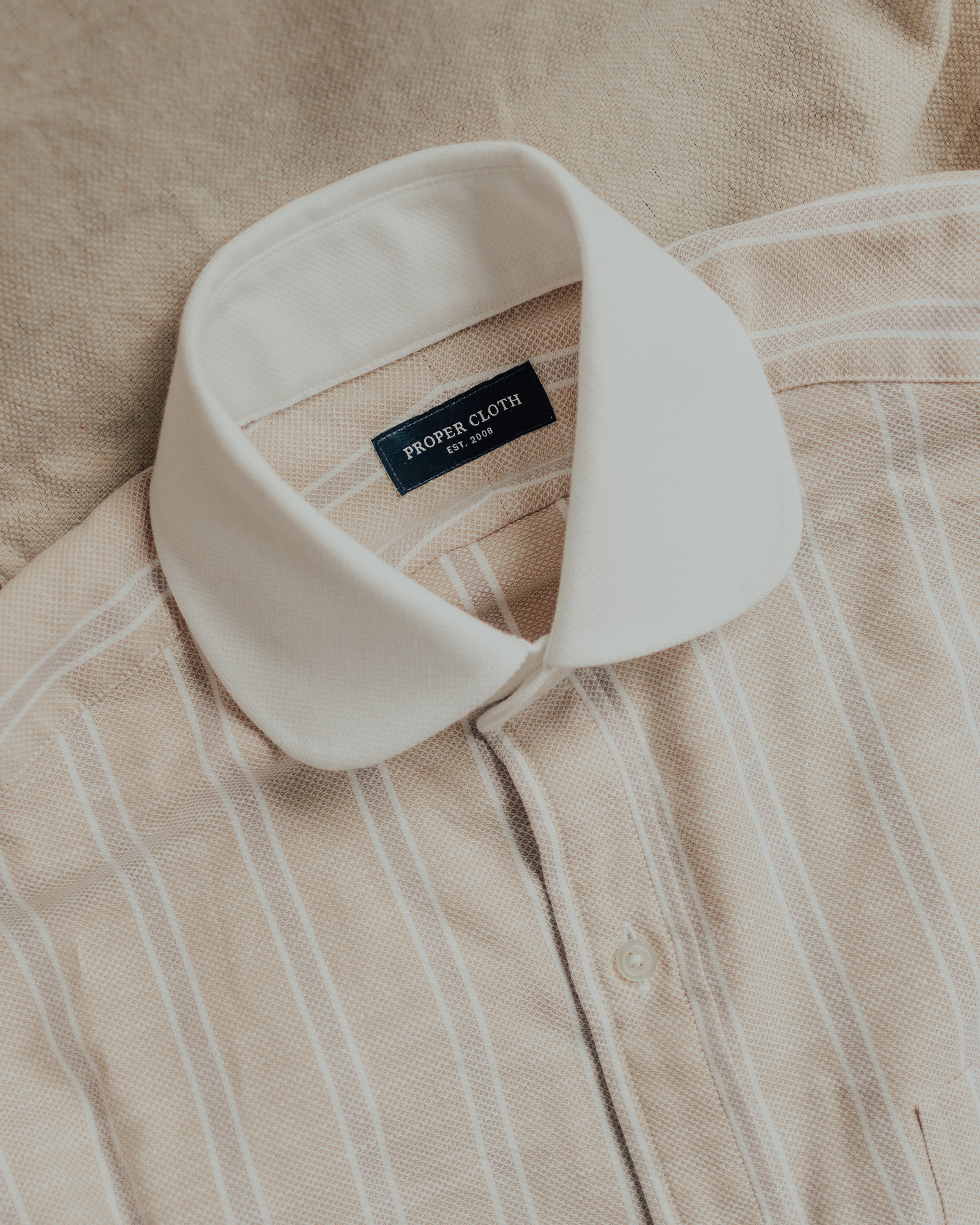   Proper Cloth    Beige Stripe Pique Club Collar Shirt    $155  