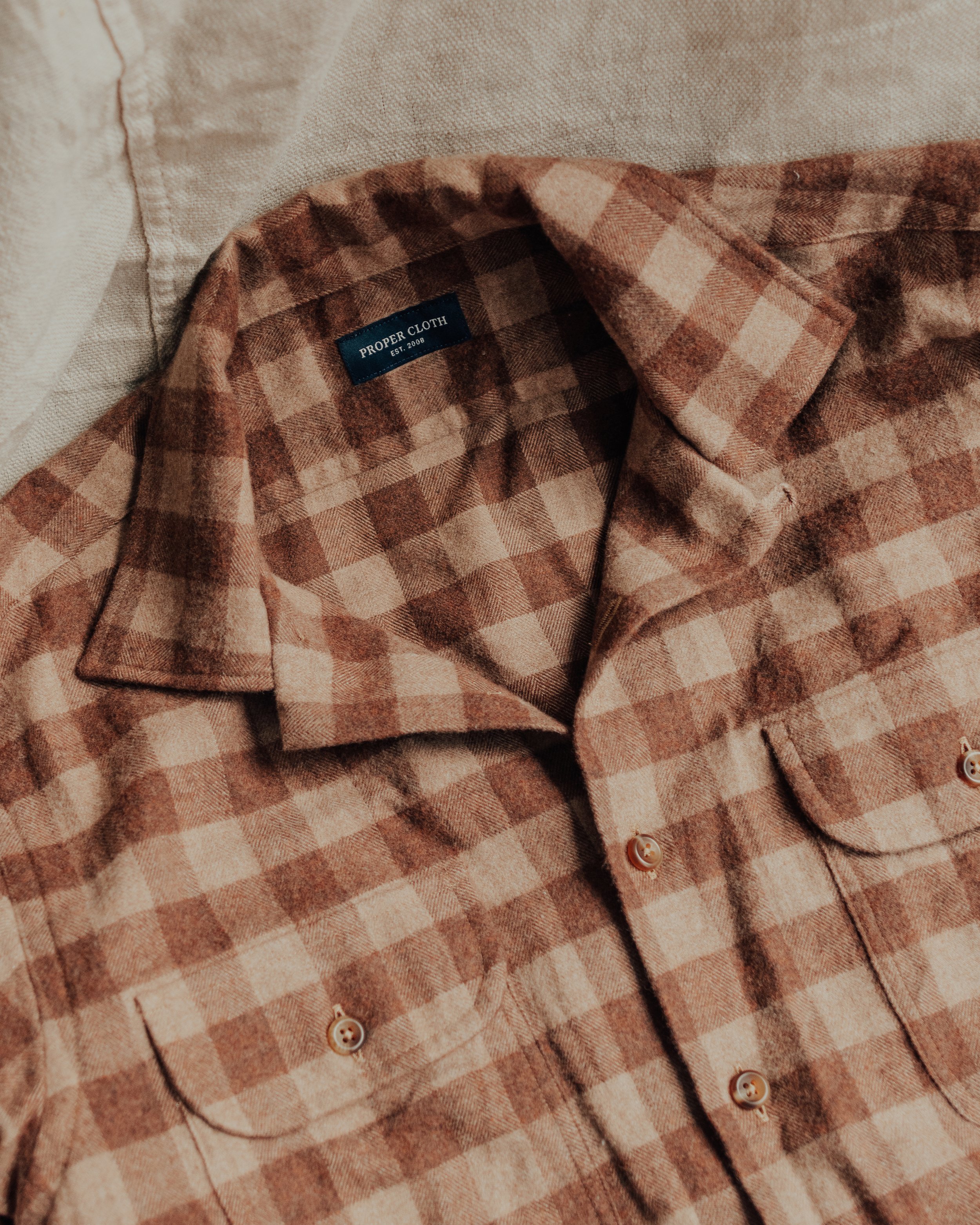   Proper Cloth    Brown Gingham Flannel Camp Collar Shirt    $160  