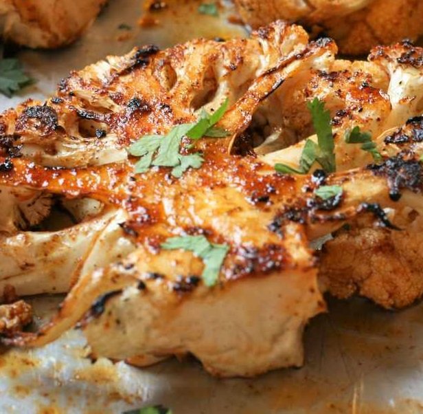 Grilled Cauliflower Steak GF, VG (cauliflower, olive oil, lemon juice, garlic, smoked paprika, brown sugar, chili powder, cilantro)