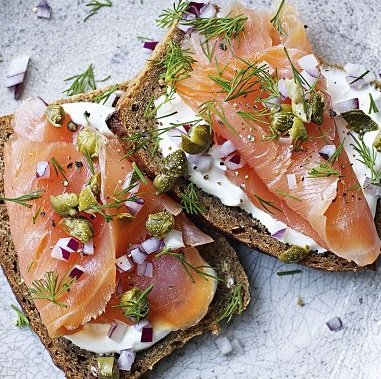 Smoked Salmon with Crème Fraîche on Pumpernickel Bite ($4, minimum of 24)