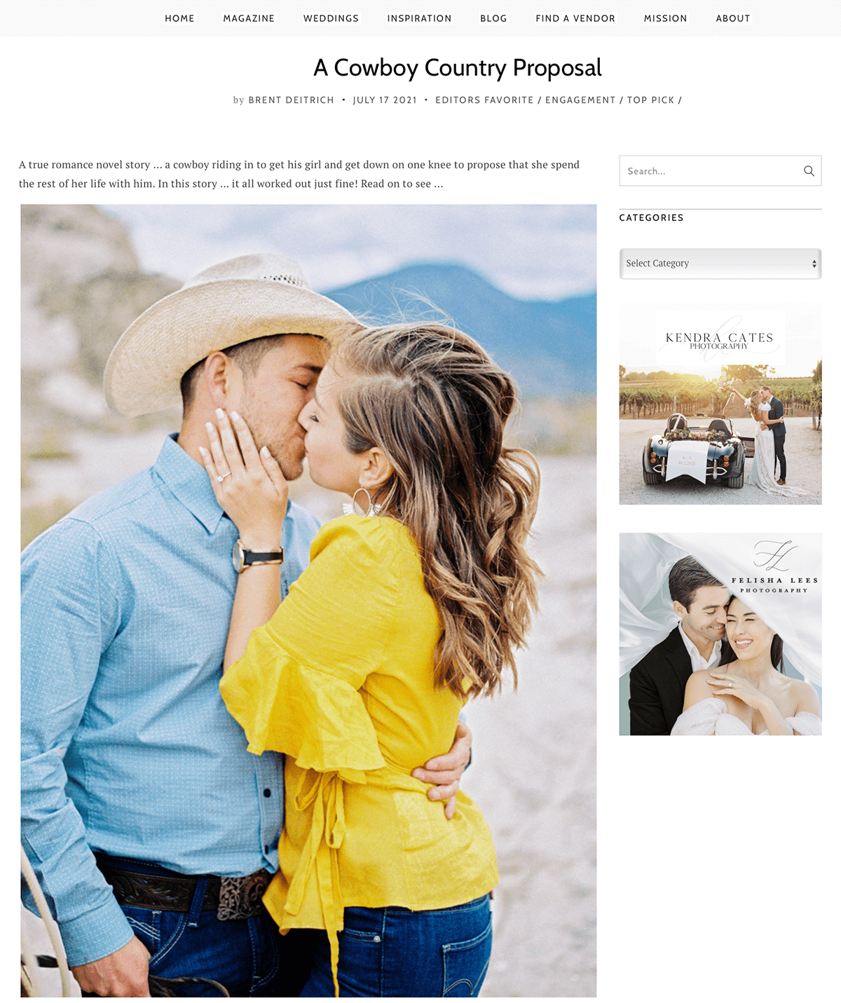 A couple kissing outdoors, woman in a yellow dress and man in a blue shirt and cowboy hat, mountain background.