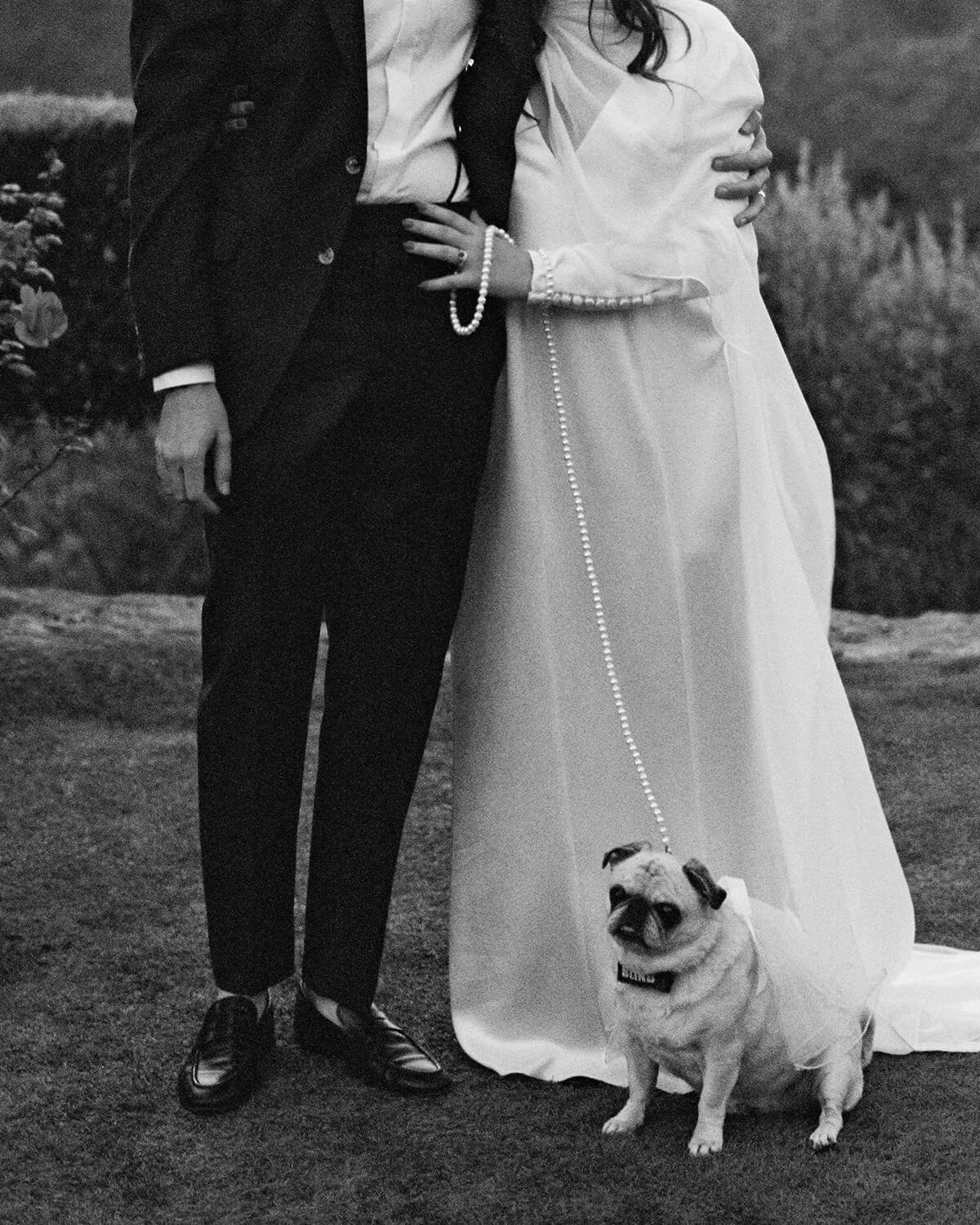 Black-and-white wedding photo of a couple in formal attire with a pug sitting beside the bride’s gown.
