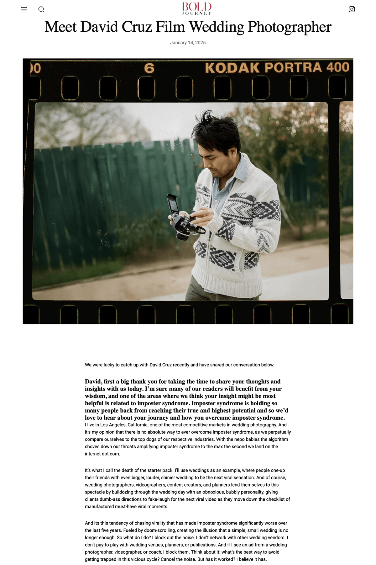 Photograph of David Cruz Film Wedding Photographer outdoors, holding a Nikon F3 with a green fence and trees in the background, framed by a Kodak Portra 400 film strip border.
