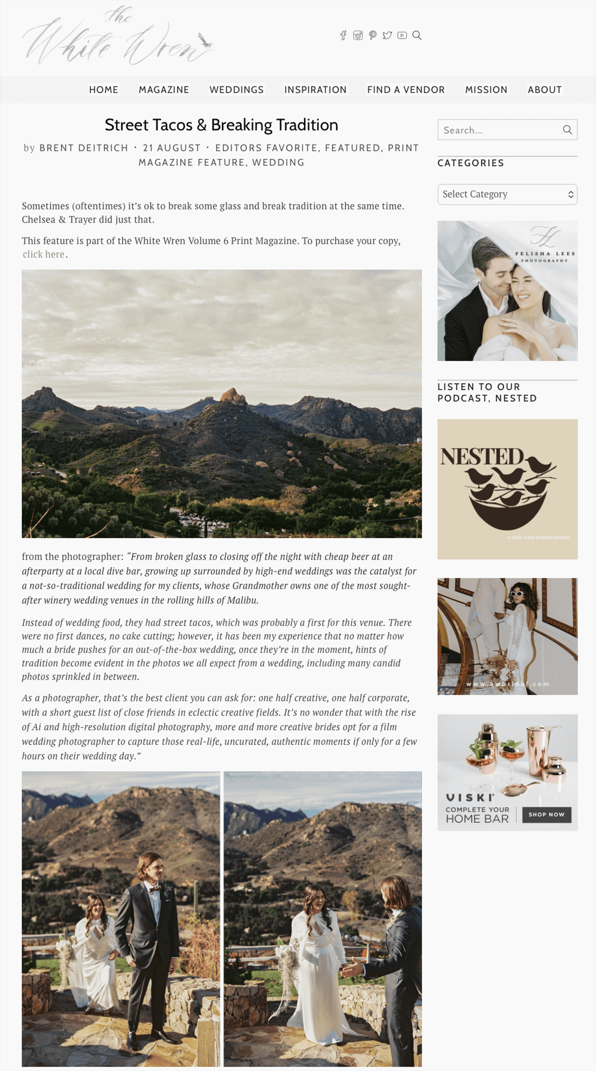 A webpage from 'The White Wren' magazine features an article titled 'Street Tacos & Breaking Tradition' with images of a mountain landscape and a wedding ceremony in an outdoor setting at Cielo Farms in Malibu, California.