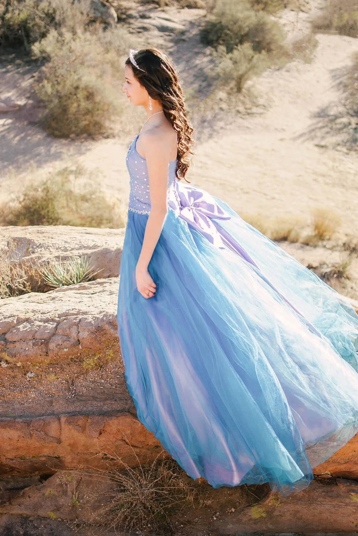 A Quinceañera in a purple and blue dress standing in a desert landscape with rocks and sparse bushes.
