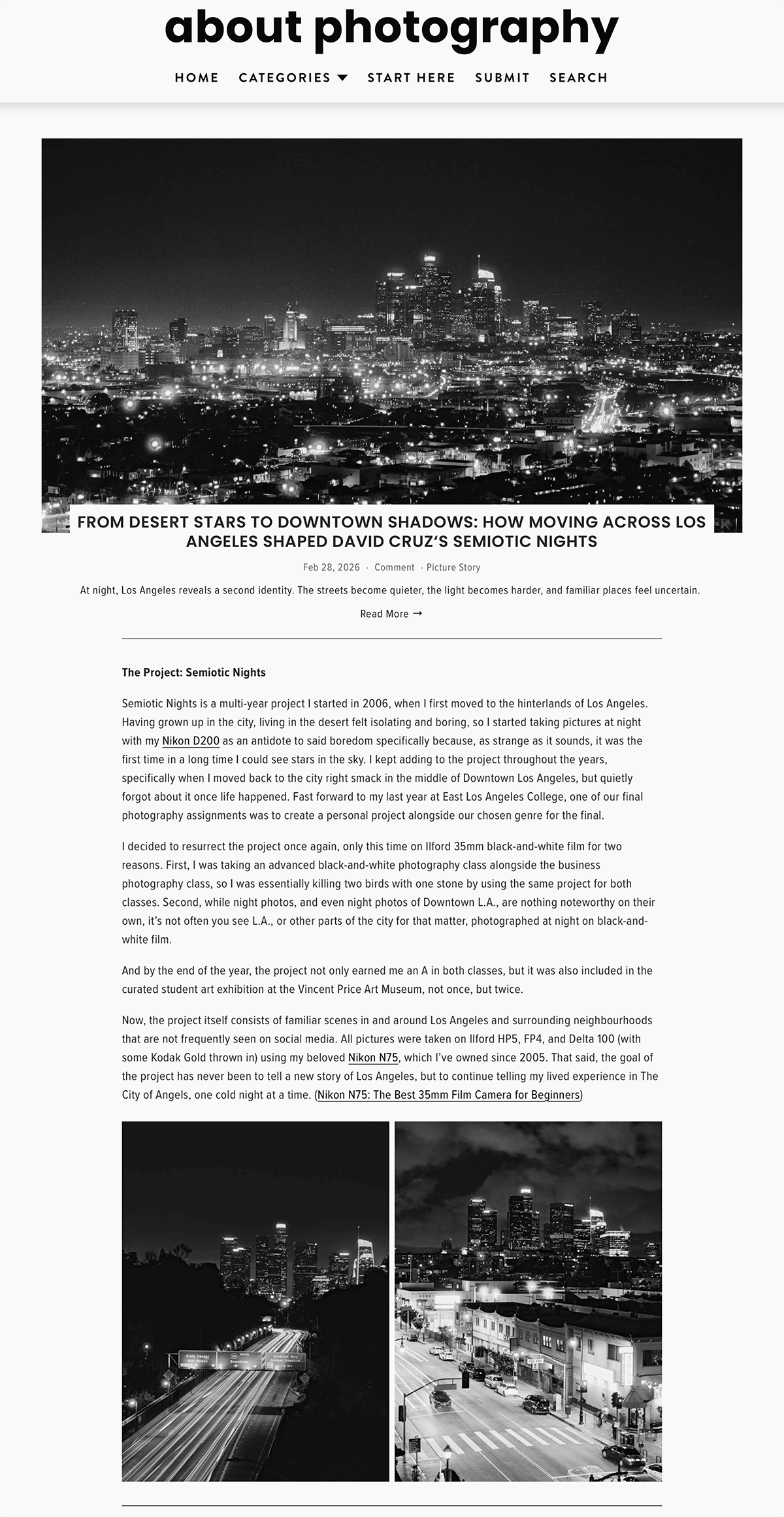 Photograph of Los Angeles at night, with city lights and skyline, and text overlay about photography by David Cruz, taken during his 'Semiotic Nights' project.