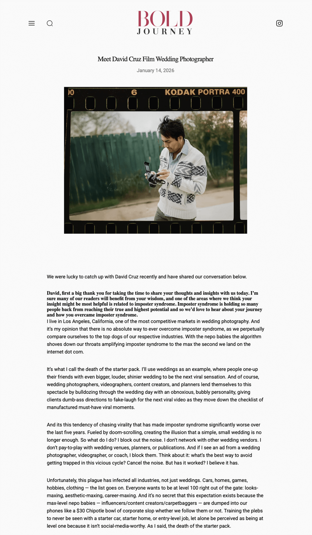 Photograph of David Cruz Film Wedding Photographer outdoors, holding a Nikon F3 with a green fence and trees in the background, framed by a Kodak Portra 400 film strip border.