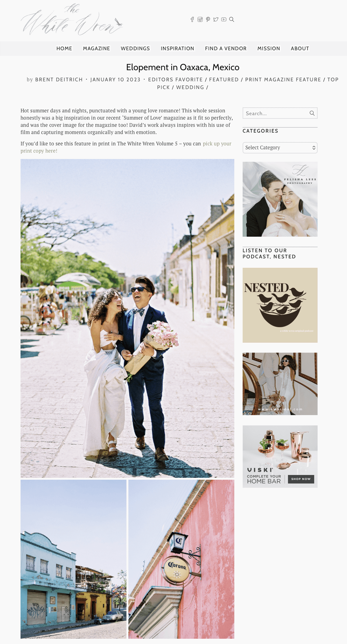 A couple dressed in wedding attire walking in a sunny street in Oaxaca, Mexico, with the bride holding a bouquet and the groom wearing sunglasses.