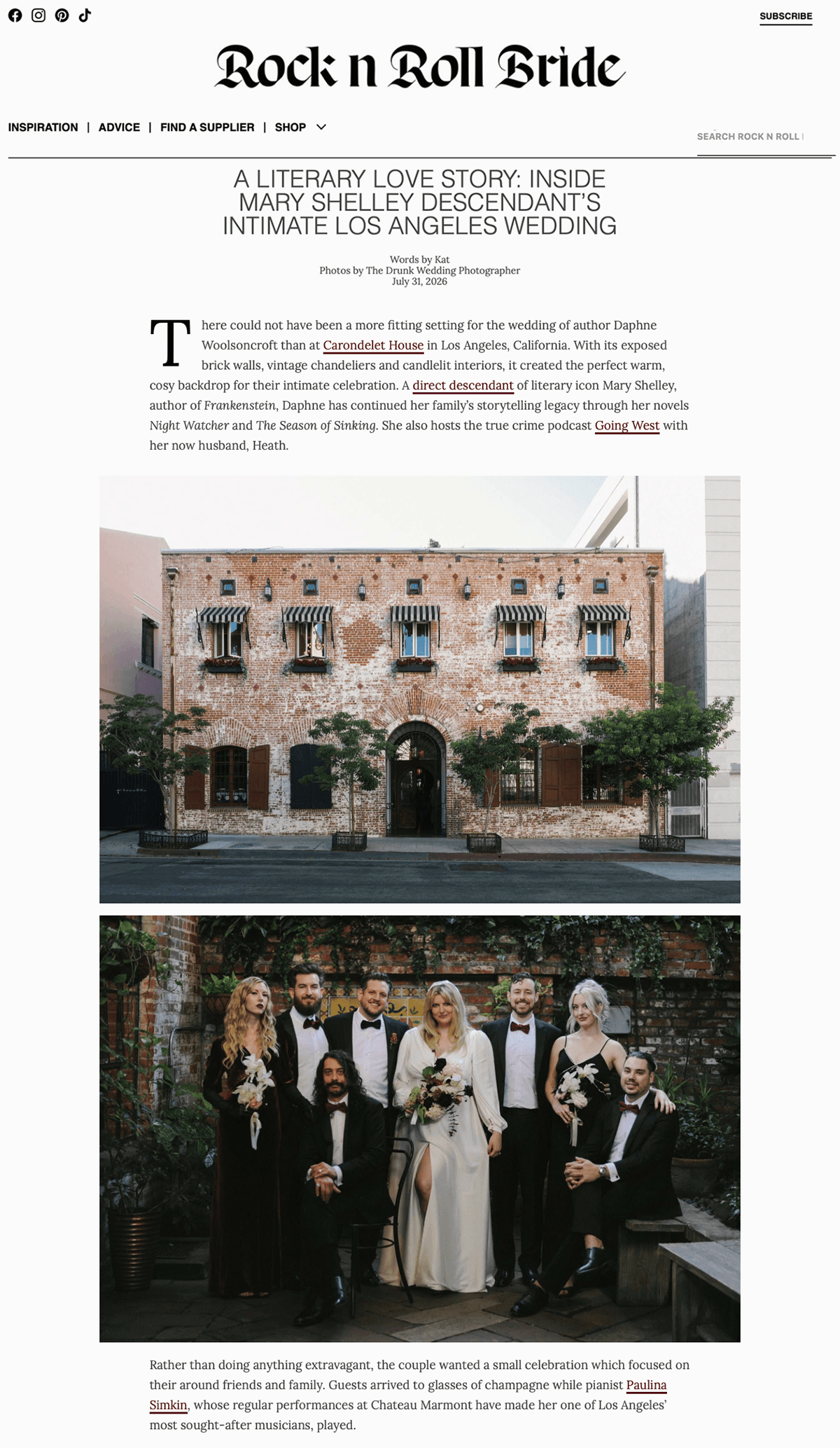 A group wedding photo with six men and two women, dressed in formal wedding attire at Carondelet House in front of green plants and brick walls, smiling for the camera.