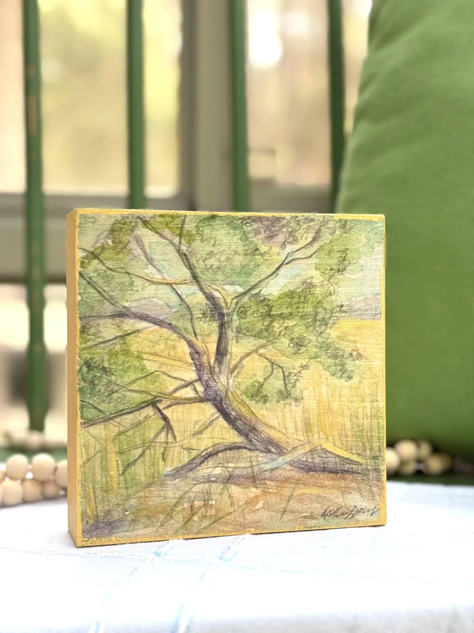 Leaning Cedar - Original Tree Drawing with Watercolor Washes on Wood