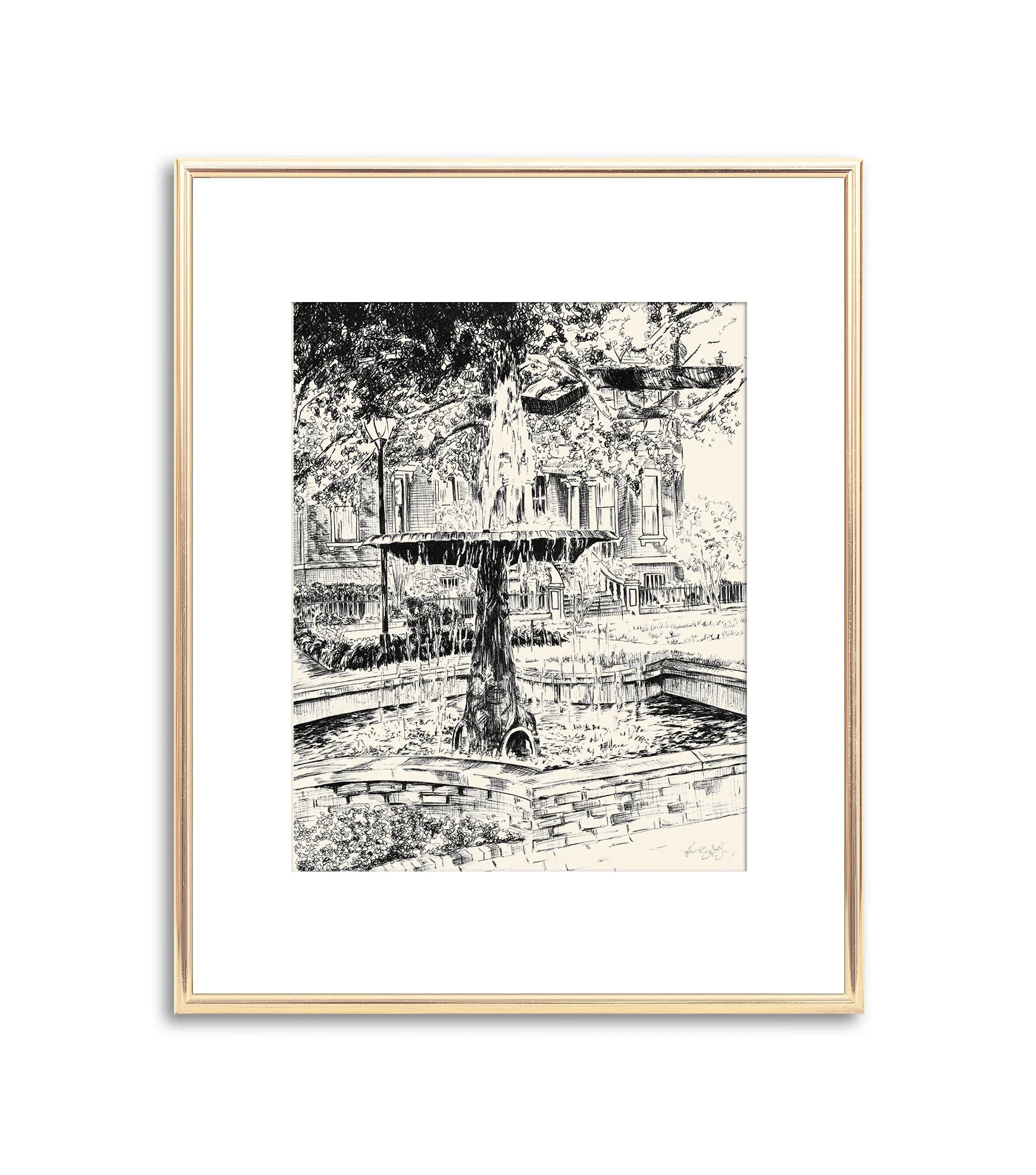 Columbia Square Fountain - Pen and Ink Print