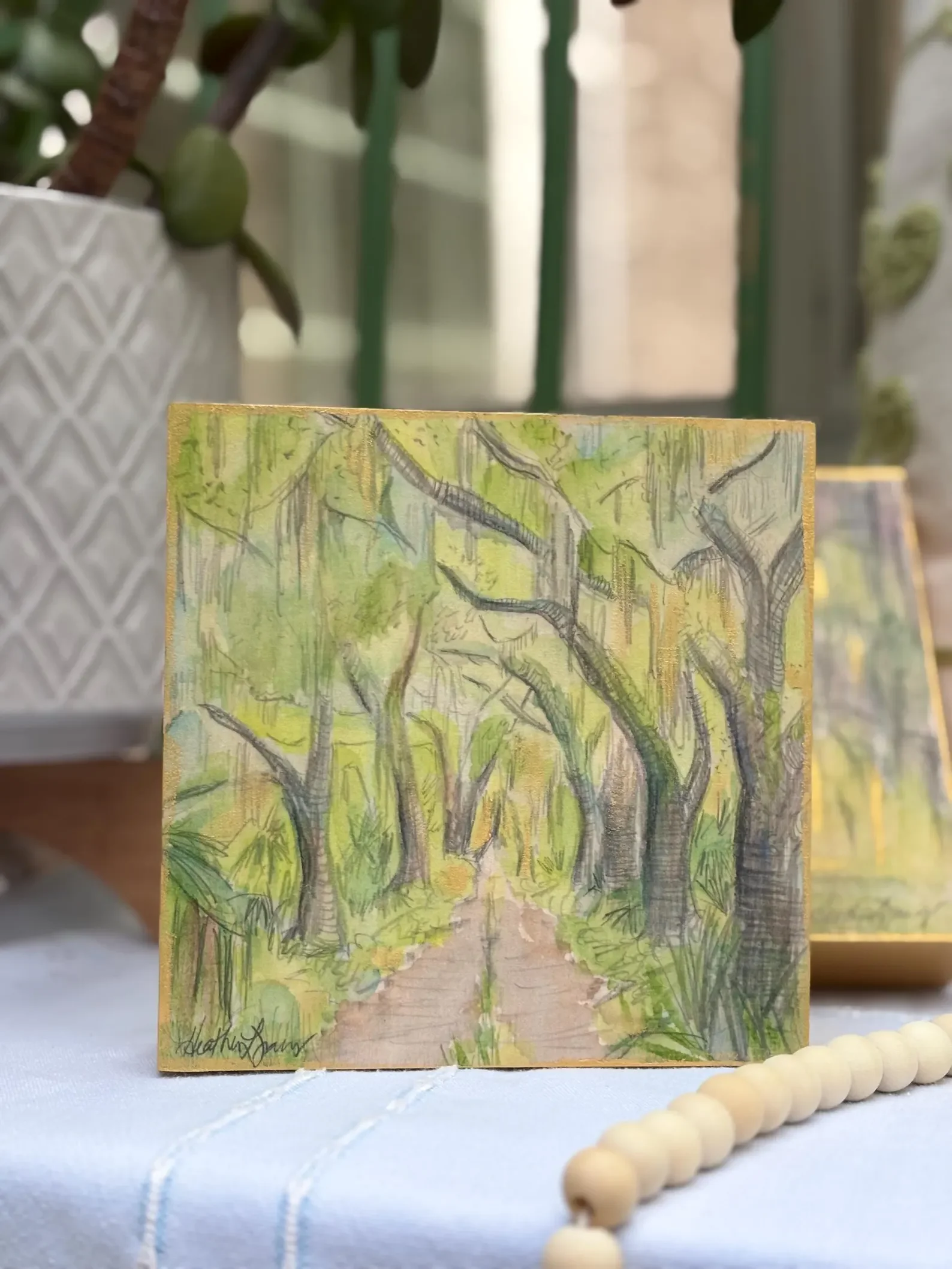 Oak Tree Path - Vintage Style Drawing with Watercolor Washes on Wood