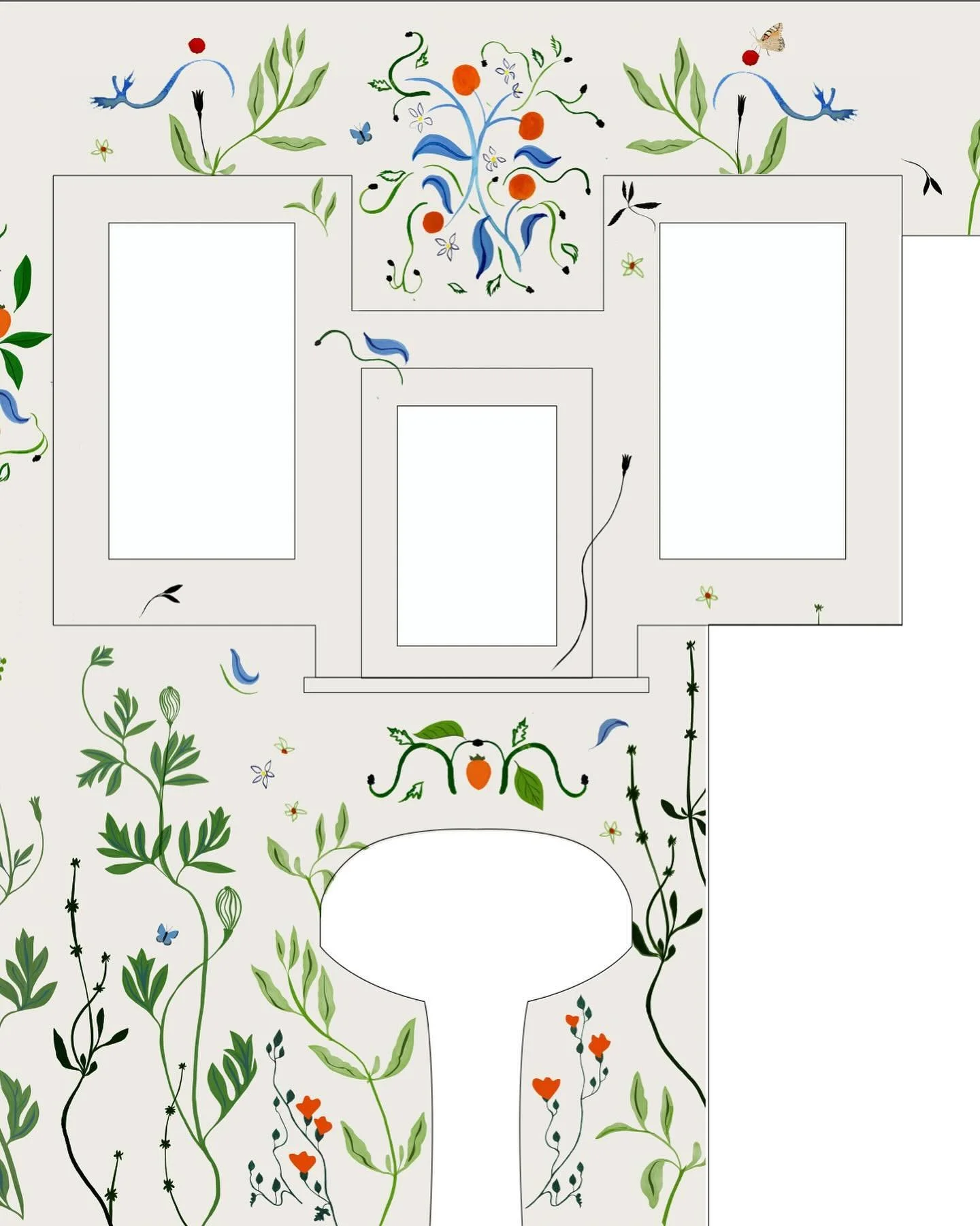 This collection of interior mural designs was inspired by @jarinademarco &lsquo;s fruit and flower garden and her vibrant personal style. She asked us to give her little bathroom a makeover, to match the colorful interior she&rsquo;s curated througho
