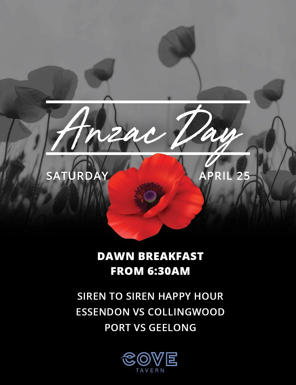 🏉 FOOTY RUNS ALL ANZAC WEEKEND 🍻

Essendon v Collingwood &amp; Port v Cats | Saturday
Lions v Crows | Sunday

Siren to Siren happy hour during all three games!