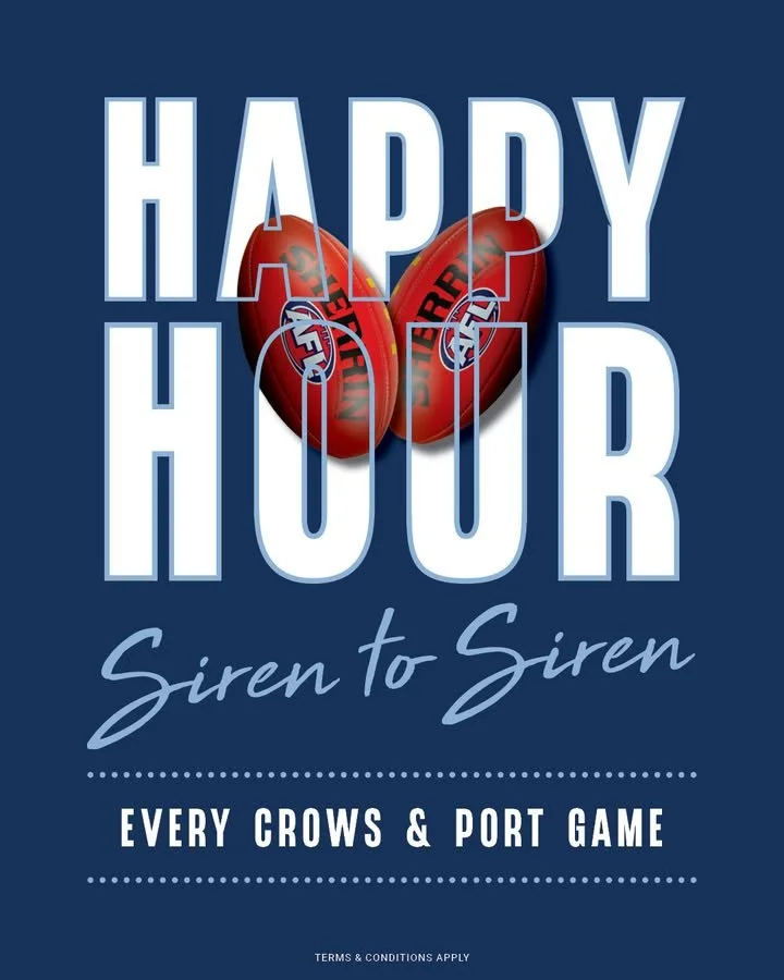 THIS WEEKS GAMES

Port vs Bulldogs | Friday
Crows vs Richmond | Sunday

Siren to Siren Happy Hour while it&rsquo;s all happening 🍻