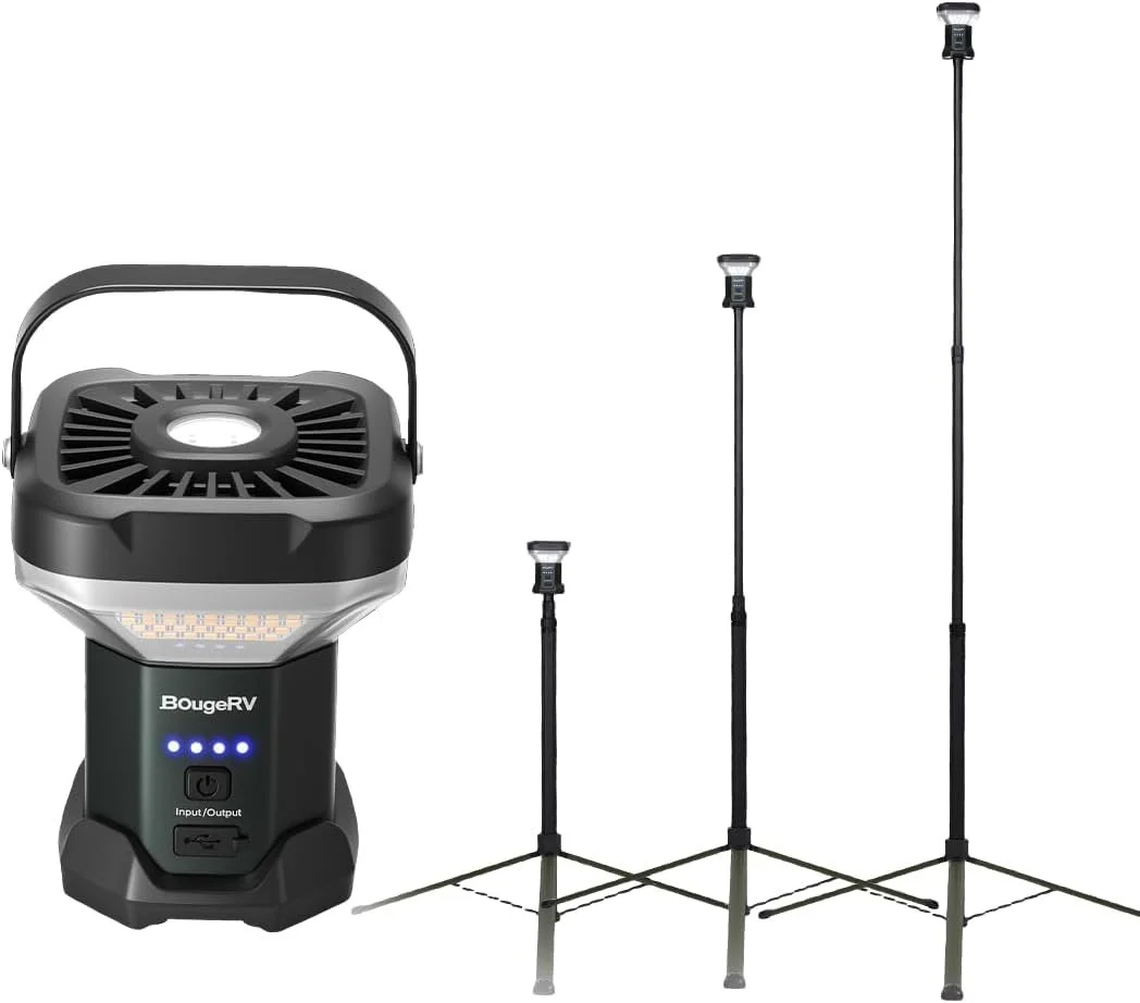 CAMP LIGHT
Bright, rechargeable camp light on a tall, sturdy telescoping stand. It's the first light I set up if I'm pulling into camp late, before connecting all of my other lighting. Also great for a picnic table or other area away from your overlo