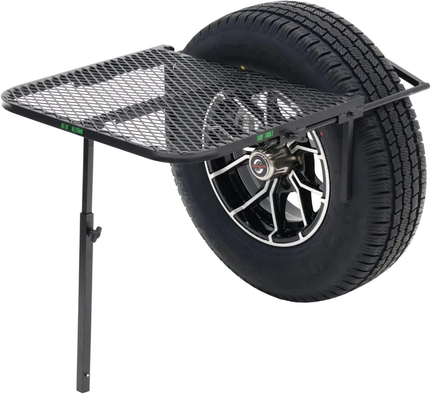 TIRE TABLE
Love this little table that latches on to my tire. This is the aluminum version, which is much lighter than the steel. They are available in various different sizes but the "small" was just right to keep my diesel tent heater off the groun