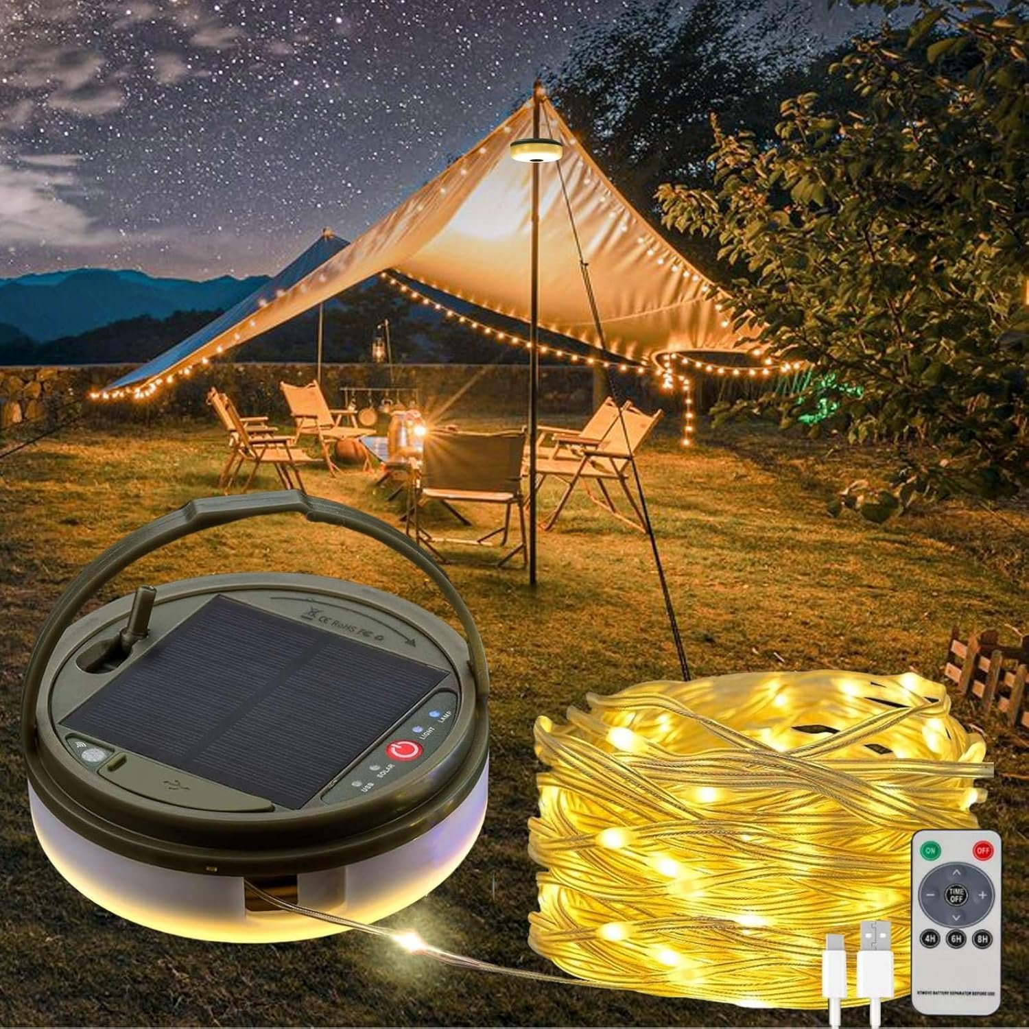 STRING LIGHTS
Give your campsite warm & cozy vibes! These string lights are 40 feet long, have a built-in rechargeable battery and built-in solar panel. Remote control. Easy to wind back up. As far as I can tell they can last at lest a couple evening