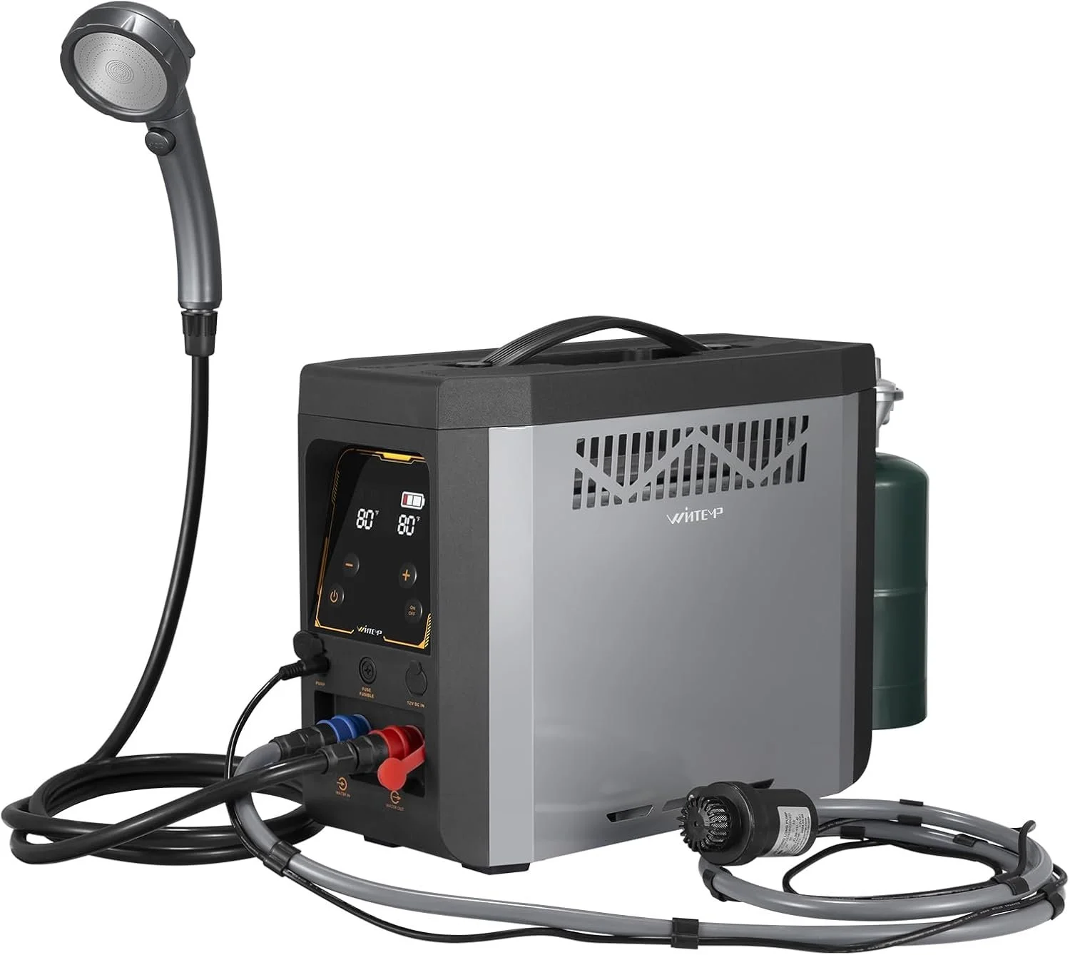 WATER HEATER
This on-demand water heater is a TRUE LUXURY. There's nothing like a hot shower in the middle of the wilderness. It has its own rechargeable battery and propane bottle, so it's completely self sufficient. Just drop one hose in a water bu