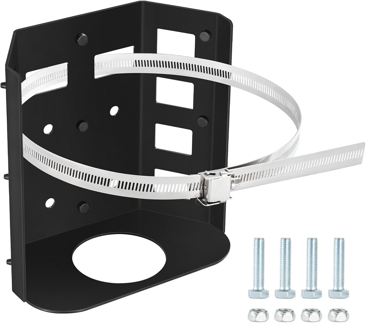 TANK MOUNT
This is the perfect mounting bracket for your small propane tank. Although I don't like the metal strap, I replaced it with two strong velcro straps so it's easier to access my tank for filling and using. The metal strap would be necessary