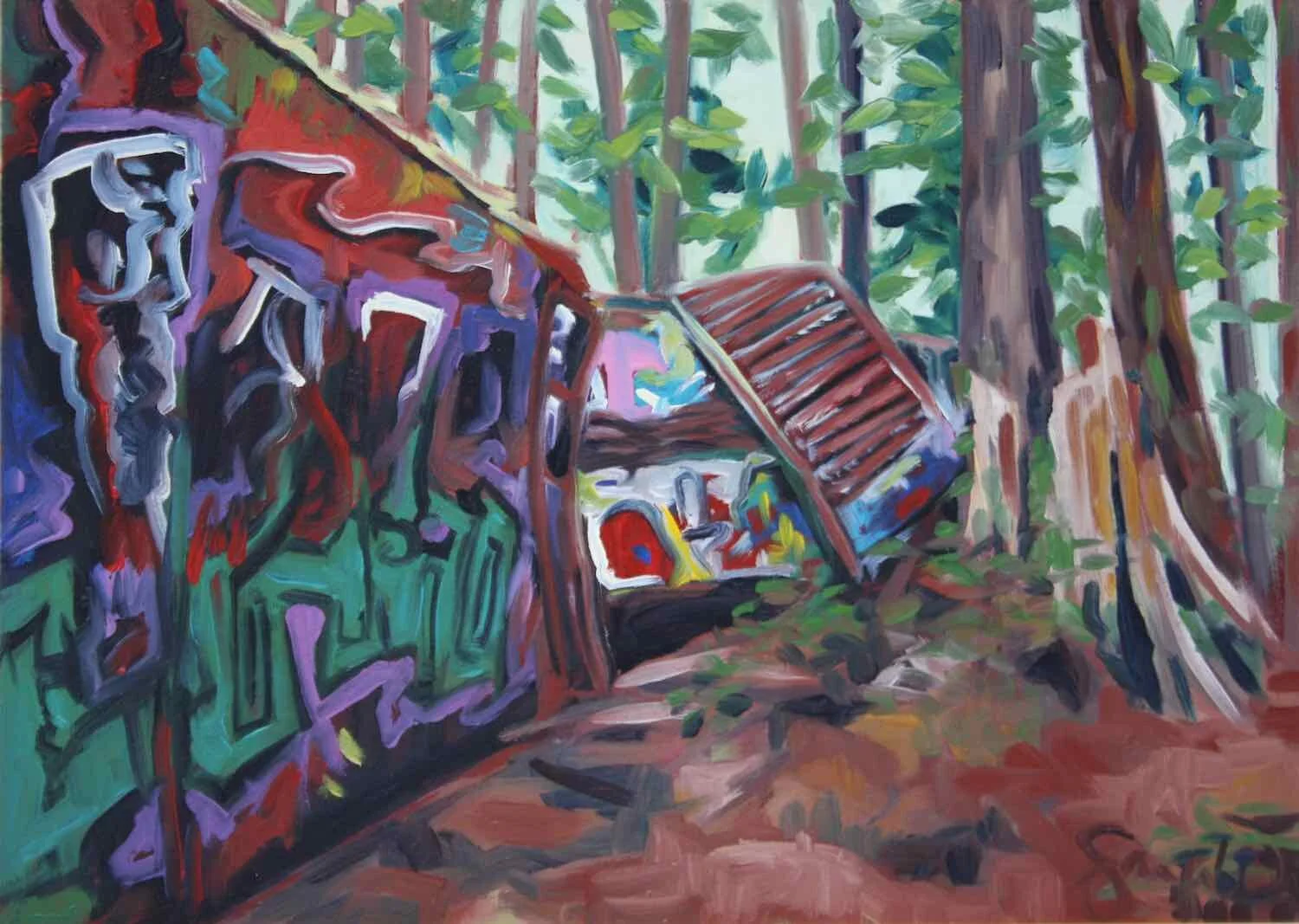 Train Wreck Forest I 13x18 oil on board $450 (framed)