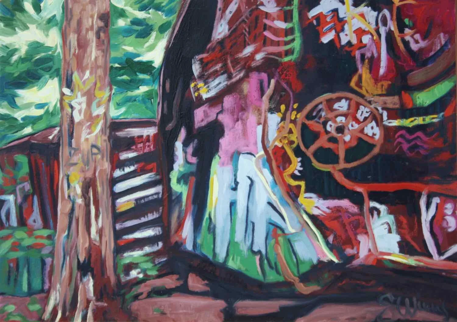 Train Wreck Forest III 13x18 oil on board $450 (framed)