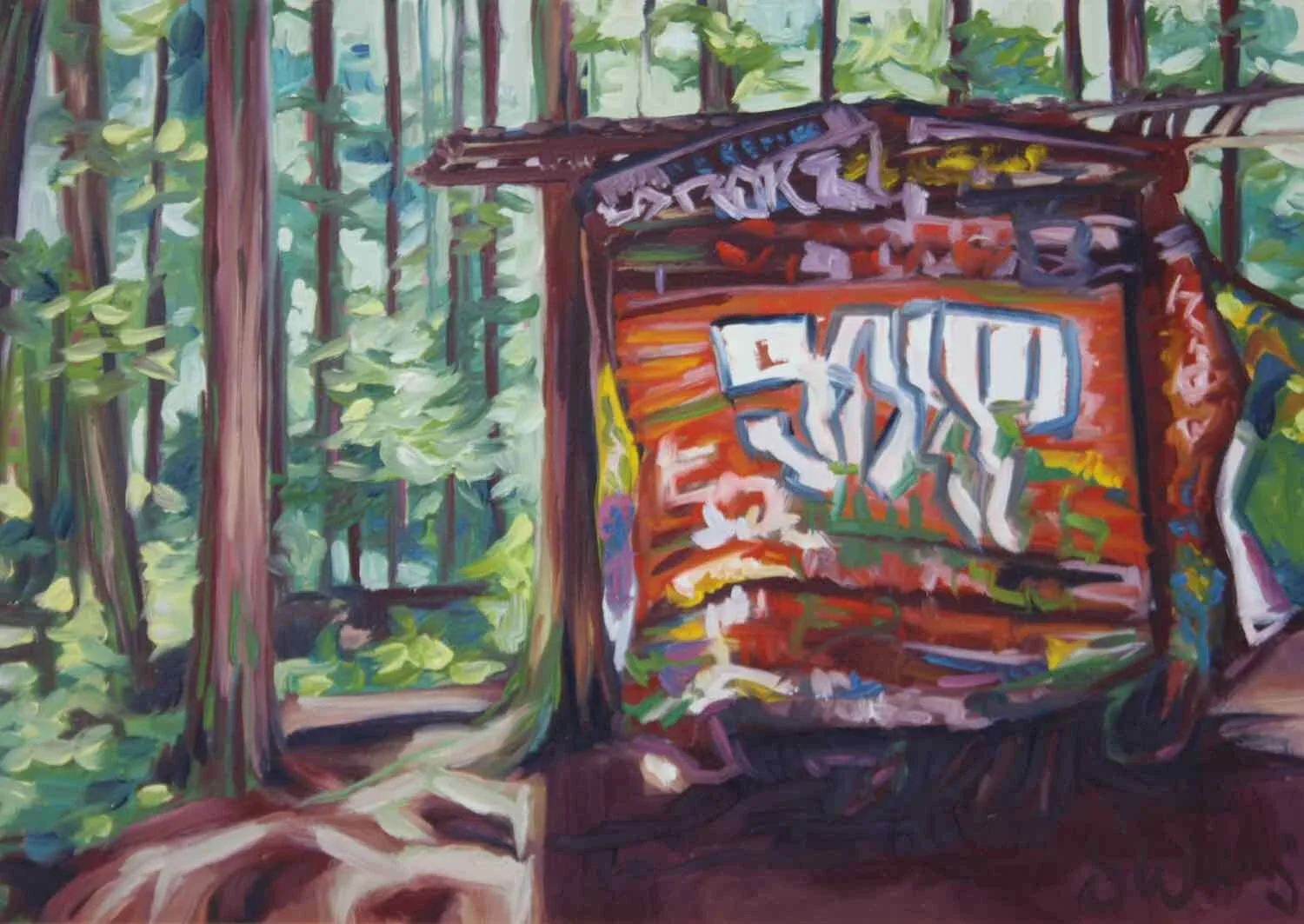 Train Wreck Forest IV 13x18 oil on board $450 (framed)