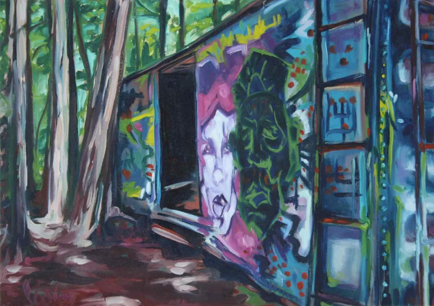 Train Wreck Forest II 13x18 oil on board $450 (framed)