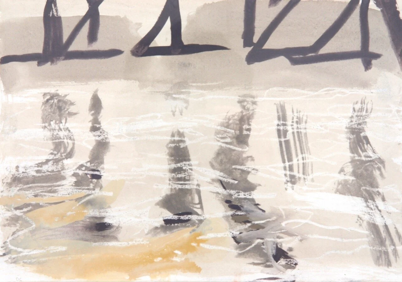 Under the Bridge (2019) gouache and wax on paper 