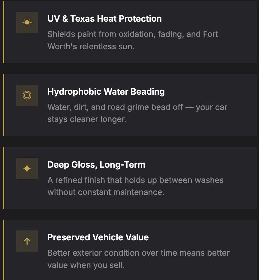Features of automotive care including UV & Texas heat protection, hydrophobic water beading, deep gloss long-term finish, and preserved vehicle value.