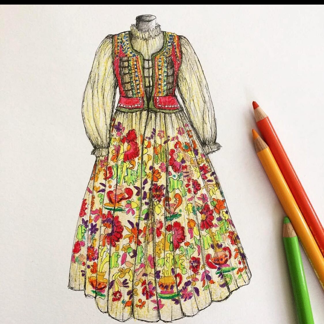 For the next few days I&rsquo;m going to be looking at National Dress. This pen and crayon line drawing features an exquisite example of a Bulgarian National Costume. Though a little outside my usual period of study in that it dates to the second qua