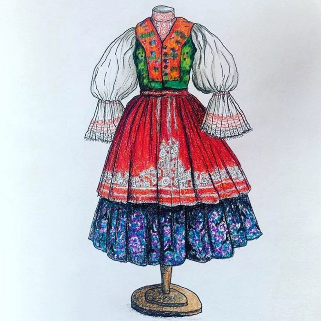 Slovak Folk Costume with printed, pleated wool and cotton skirt, embroidered silk waistcoat and cotton blouse. Original garment housed at the Metropolitan Museum of Art. Pen, ink and crayon drawing #peninkandcrayon #drawing #linedrawing #historicaldr