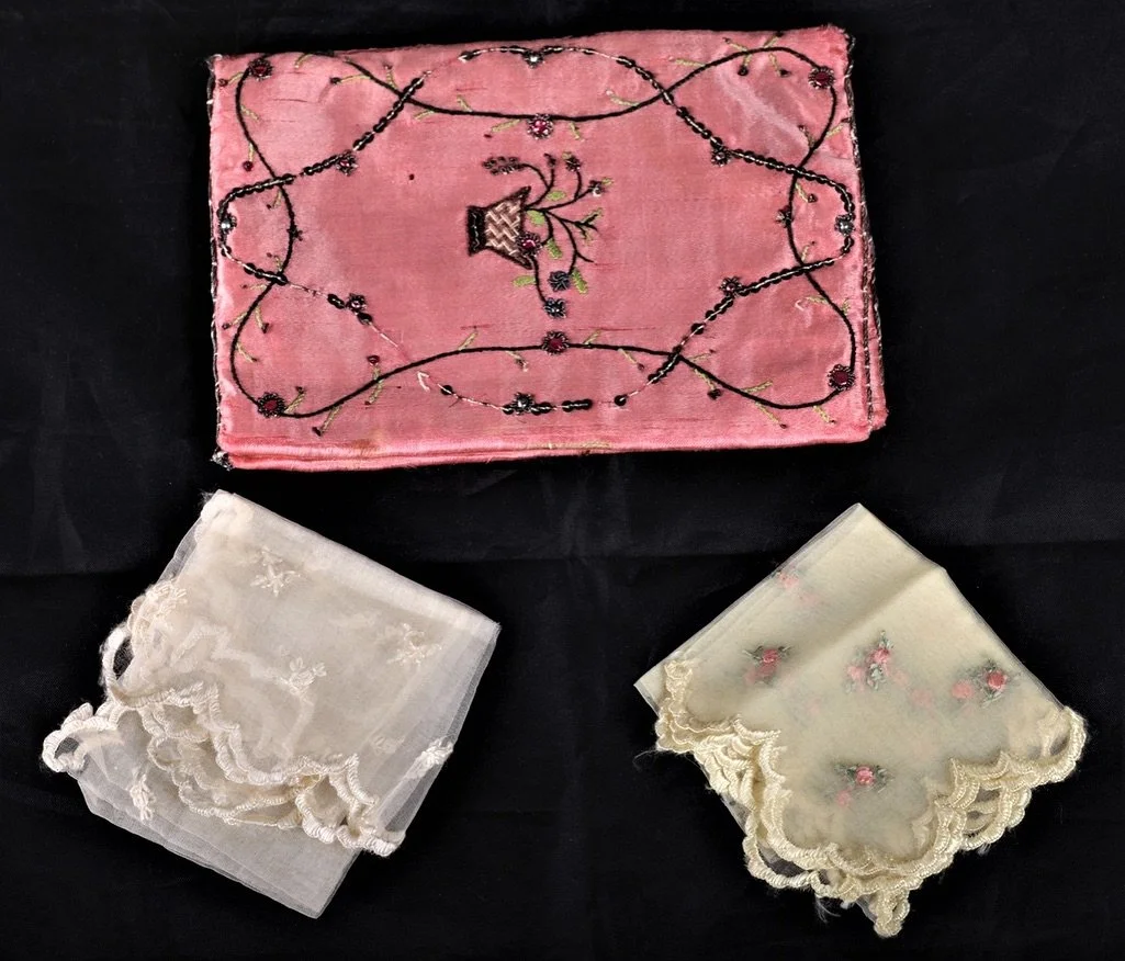 This handkerchief case from 1784, now in the collection of the Norsk Folkemuseum, is itself a marvel: pink silk, sequins, embroidery &mdash; and inside, sheer handkerchiefs and neckerchiefs, stitched for display rather than utility. 
These were texti