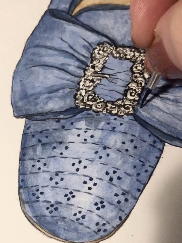I painted this pair of late 19th-century satin shoes a little while ago&hellip;

Ever the magpie, the buckles are, of course, what first caught my attention. By the 1890s, shoe buckles were no longer functional, but decorative, part of a broader revi