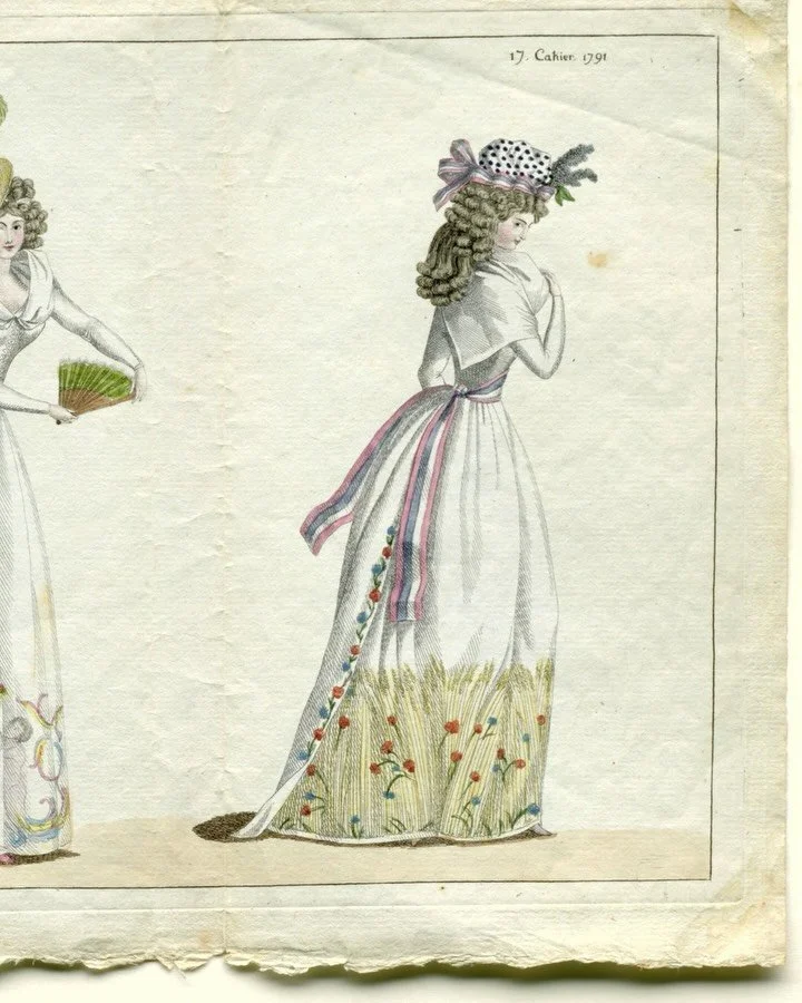 This delicate, 1791 fashion from The Cabinet des Modes (possibly by A. B Duhamel), now in the collection of the @rijksmuseum, shows two women in airy, white muslin or silk gowns embroidered with vivid natural and fantastical motifs. 

On the left, sc