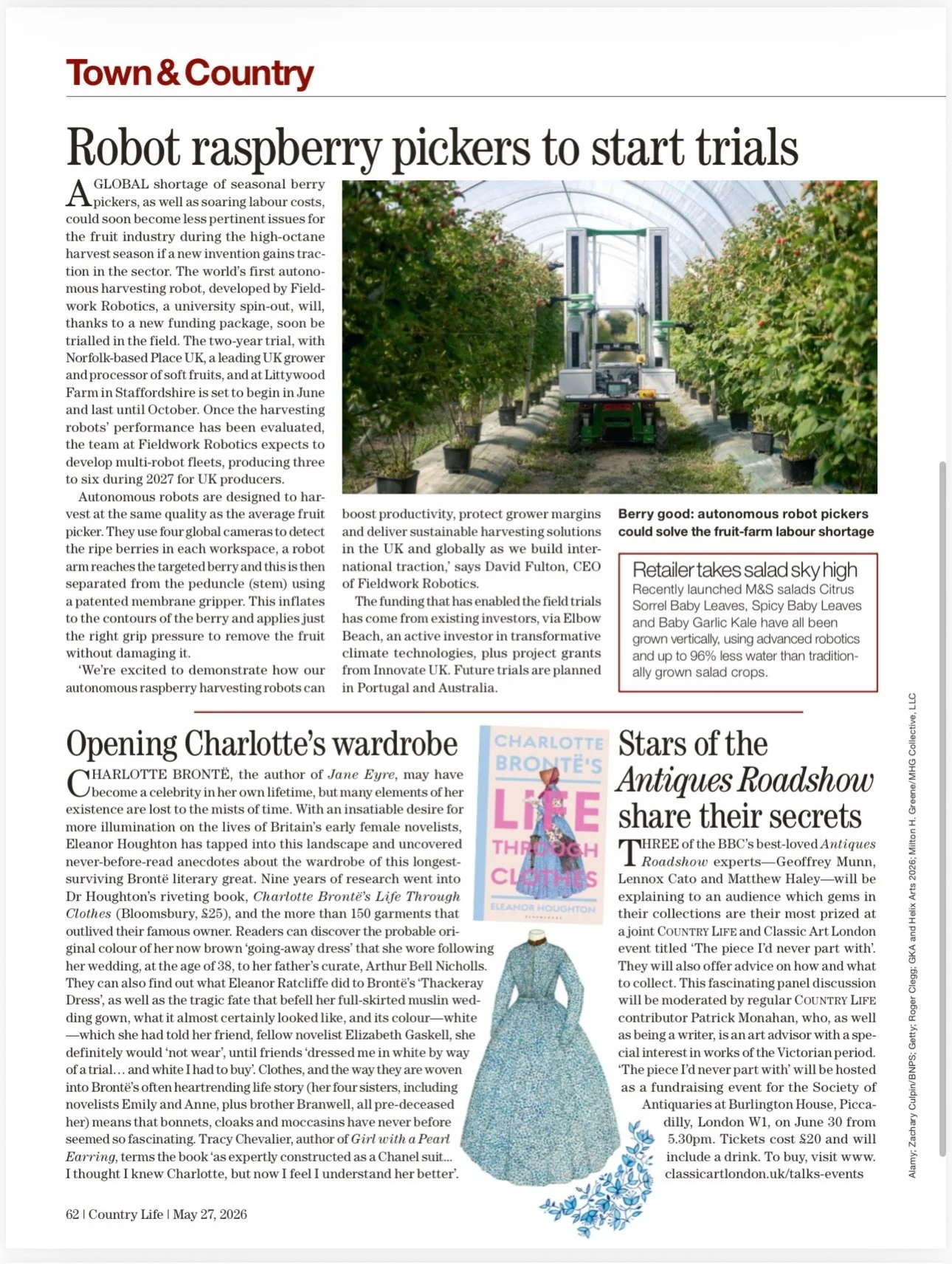 What a lovely surprise to find Charlotte Bront&euml;&rsquo;s Life Through Clothes featured in this week&rsquo;s Country Life magazine (27 May 2026, Issue 22, p. 62).

It is especially gratifying to see the book included in a publication with such a l