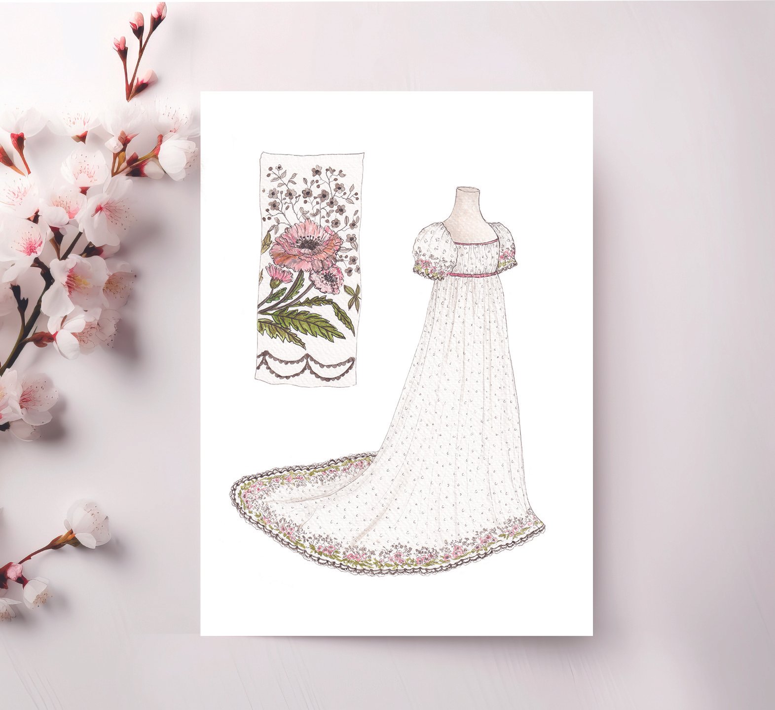 '1810 Embroidered Muslin Evening Gown', in Pen, Ink and Watercolour - A6 Postcard